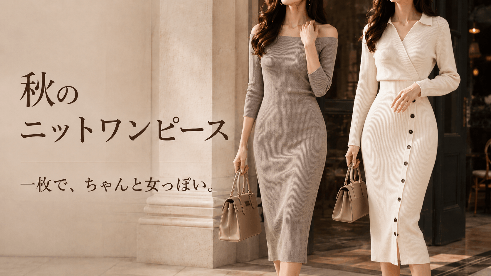 モカとアイボリーのリブニットワンピースを着た女性2人|秋のニットワンピース|Mebore