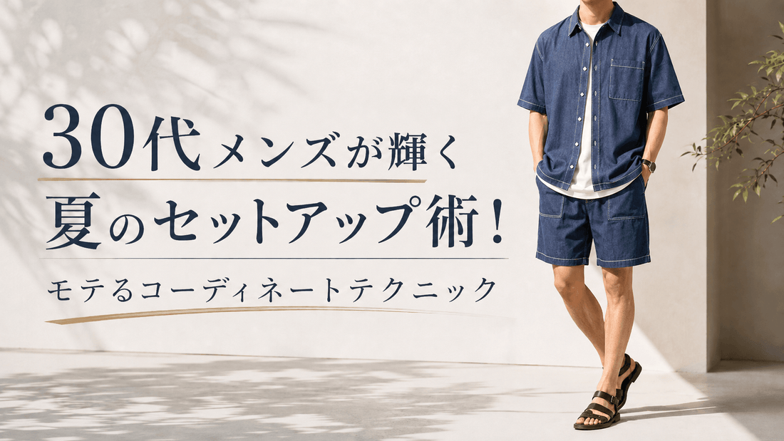 ネイビーの半袖シャツとショートパンツの夏セットアップを着た30代メンズコーデ
