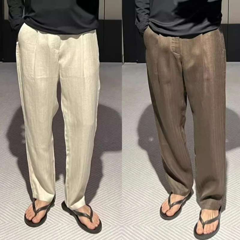 アイボリーとカーキのリネンライクワイドパンツを比較した正面着用画像