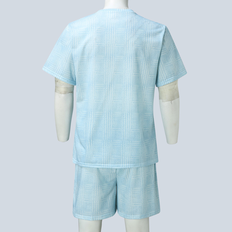 ブルーのチェックジャカード半袖セットアップの背面
