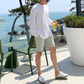 ホワイトのメンズ薄手コットン長袖Tシャツ サイドスタイル