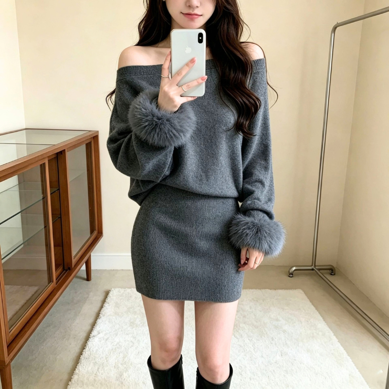 グレーのワンショルダーニットミニワンピースを着た女性の鏡越しの正面。袖口と黒いロングブーツが見える