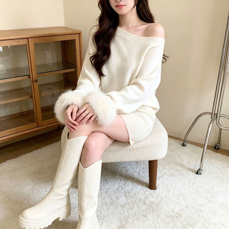 アイボリーのニットワンピースで椅子に座り、脚を組んだ女性。膝上の袖口と白いロングブーツが写っている