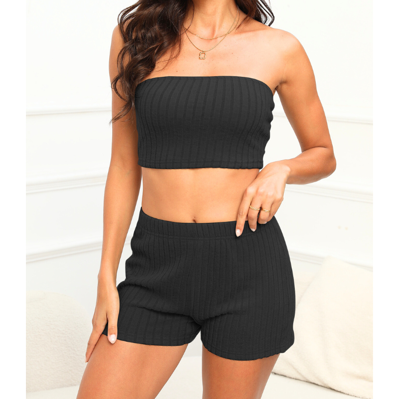 リブ素材3点セットルームウェア｜チューブトップ×ショートパンツ×カーディガン