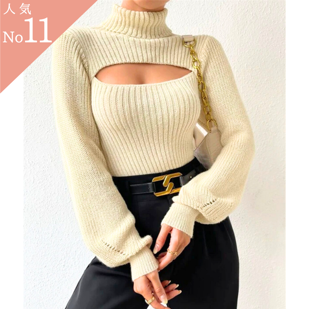 【ハイネックなのに色っぽい】胸元カットアウトハイネックリブニットトップス