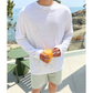 ホワイトの薄手コットン長袖Tシャツ クルーネックと生地感