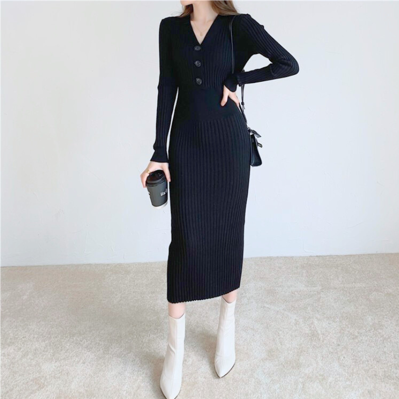 アイボリー S / Lサイズ当日発送可【シンプルに美シルエット映え】前ボタンVネック タイトリブニットワンピース