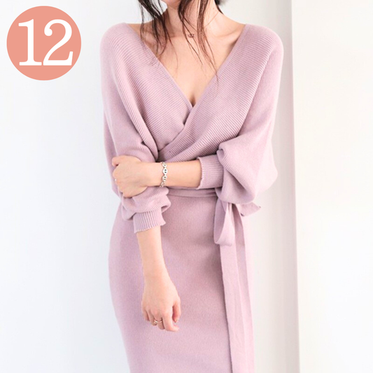 【露出しすぎず、視線を集める】カシュクール深V×ウエストリボン スリットニットワンピース