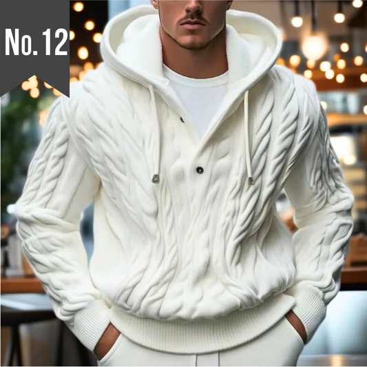 【余裕が滲むフードニット】ケーブル編みフード付きニットプルオーバー