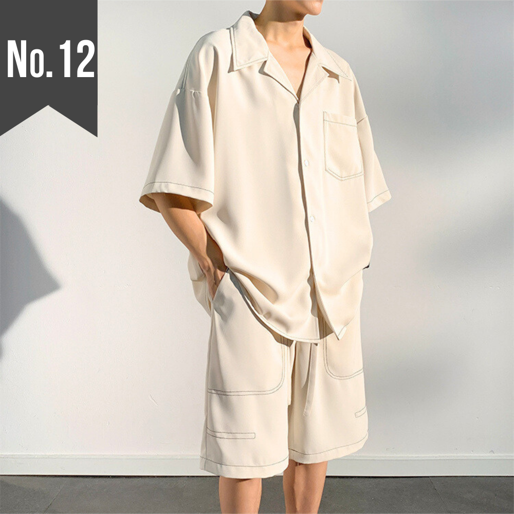 ５分袖ビッグシルエットシャツジャケット×ハーフパンツ ステッチデザイン上下セットアップ