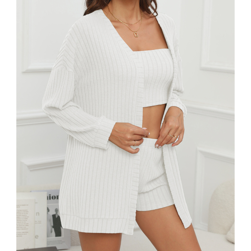 リブ素材3点セットルームウェア｜チューブトップ×ショートパンツ×カーディガン