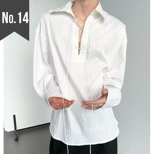 ストライプレースアップ長袖オーバーサイズシャツ