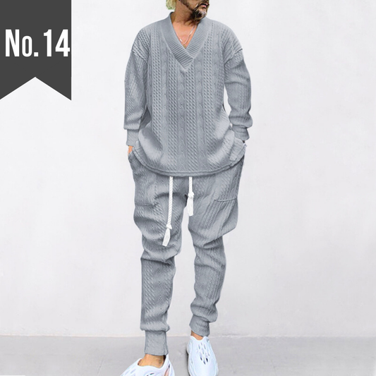【ラフなのに色気が出る】ジャガードスウェットセットアップ 長袖Vネックトップス×ジョガーパンツ