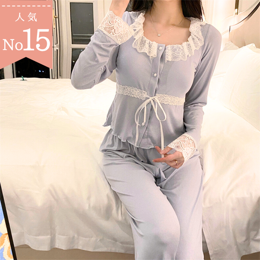 【胸パッド付きで楽ちん＆上品可愛い】リブカットソーレースデザイン上下セット ルームウェア（胸パッド付き）