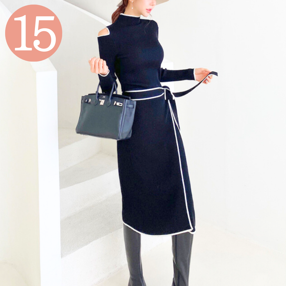 【ちらっと肌見せワンピでイイオンナっぽ】肩あき配色パイピングニットタイトワンピース