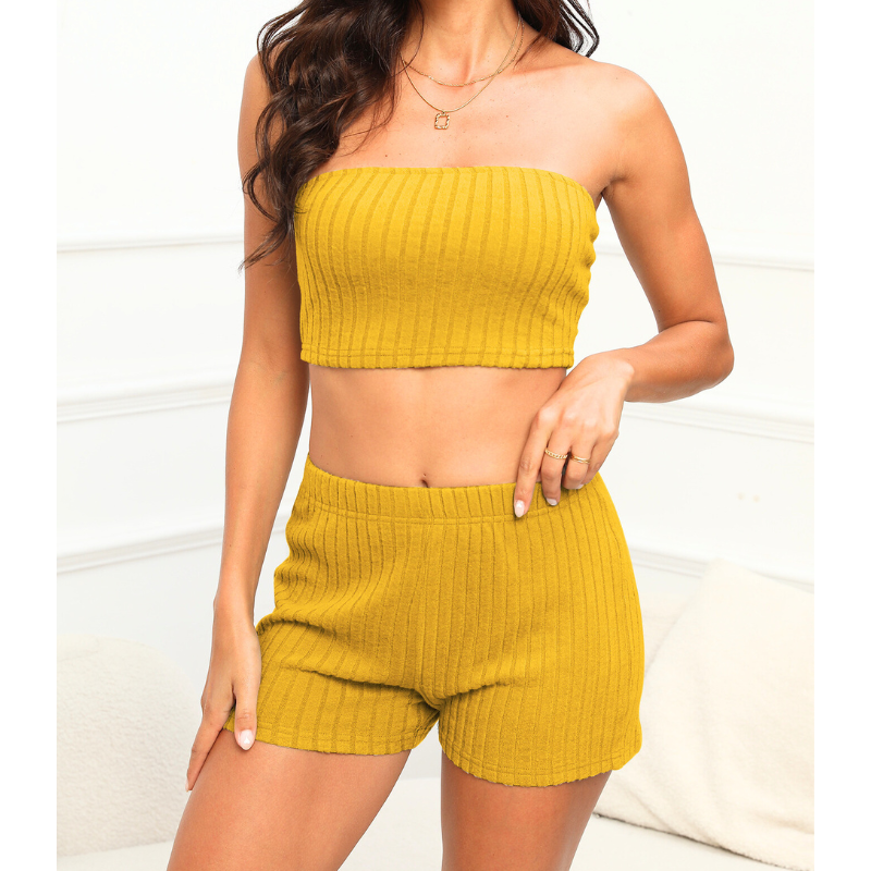 リブ素材3点セットルームウェア｜チューブトップ×ショートパンツ×カーディガン