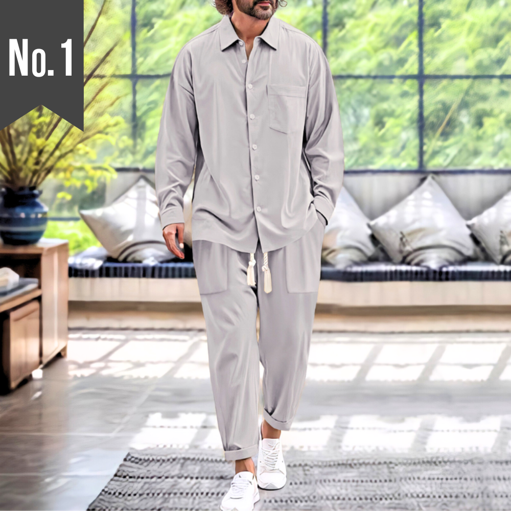 【男らしく品よくカッコよくキマる】コットンリネン カジュアル長袖上下セットアップ