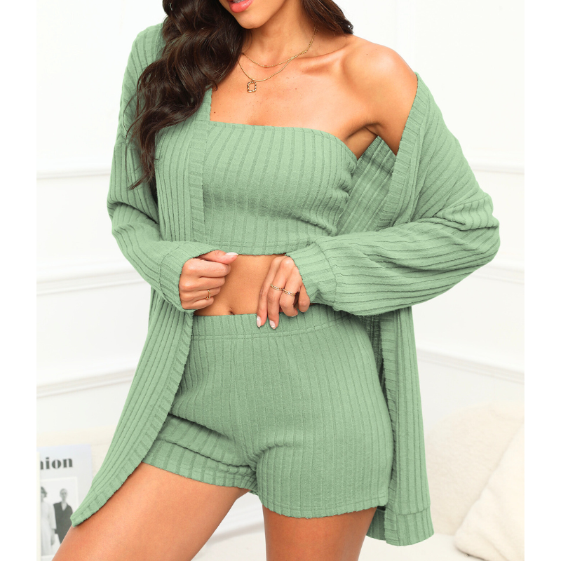 リブ素材3点セットルームウェア｜チューブトップ×ショートパンツ×カーディガン