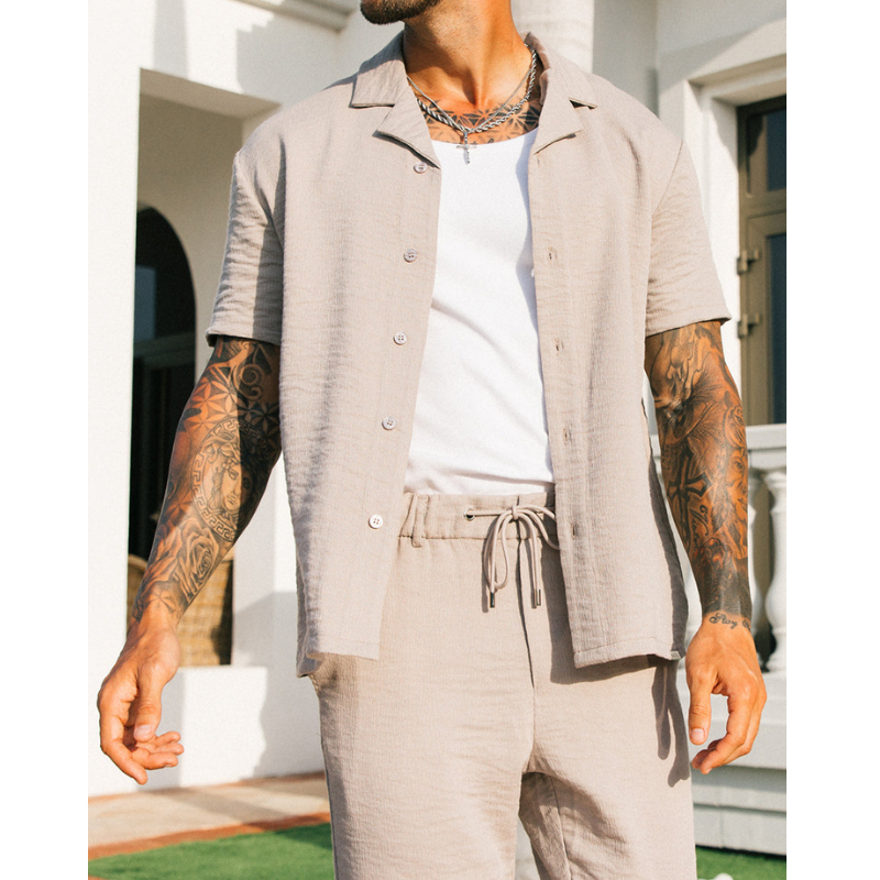 【メンズ】夏のセットアップ: リネン風リラックスセットアップ オープンカラー半袖シャツ×ロングパンツ | 20代30代40代におすすめ