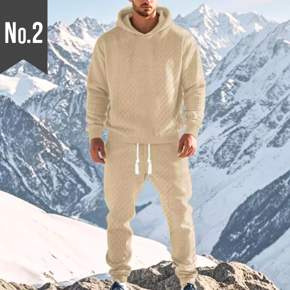 ホワイト L 当日発送可【暖かみ×立体感で洒落見え】幾何ジャカードフードセットアップ 長袖プルオーバー×テーパードパンツ