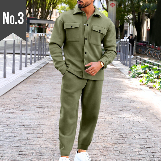 【着るだけでお洒落なカジュアルコーデに】フェルト調ウール風セットアップ 長袖シャツジャケット×ジョガーパンツ