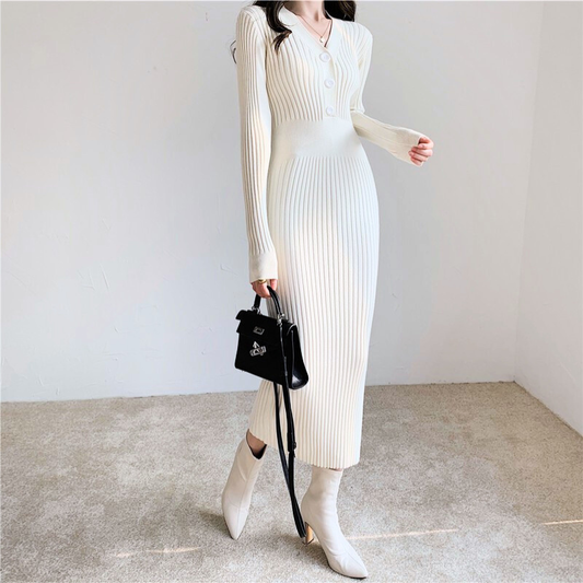 アイボリー S / Lサイズ当日発送可【シンプルに美シルエット映え】前ボタンVネック タイトリブニットワンピース