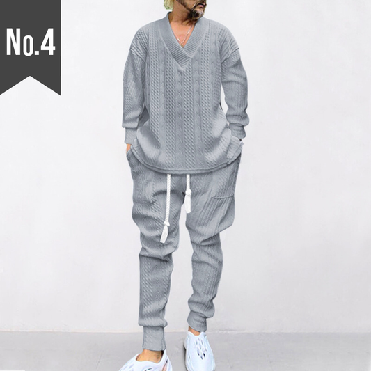 【ラフなのに色気が出る】ジャガードスウェットセットアップ 長袖Vネックトップス×ジョガーパンツ