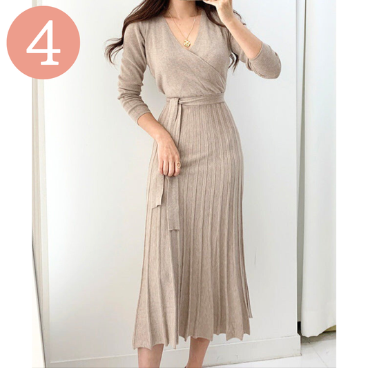 【色っぽいモテスタイルに】カシュクール プリーツニットワンピース