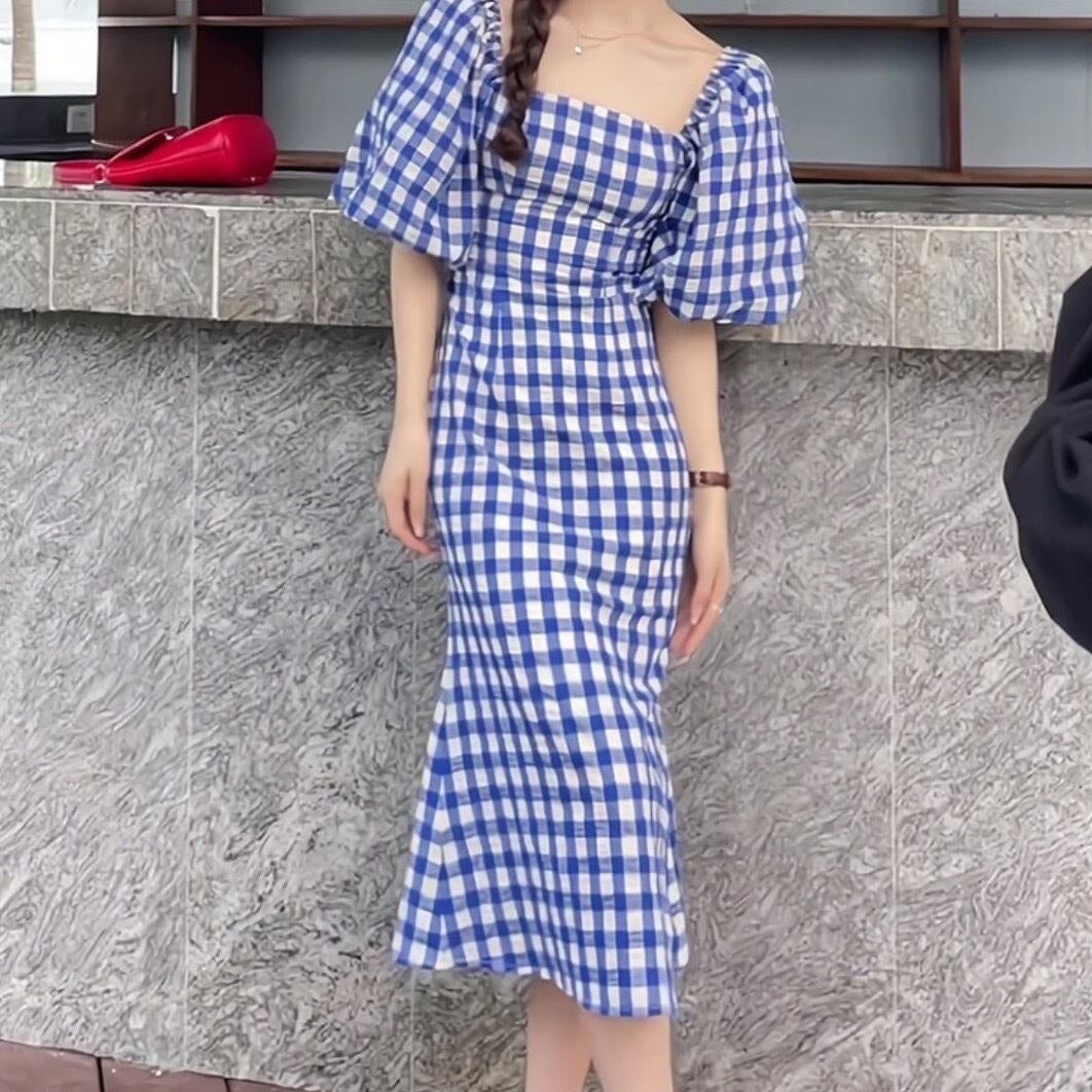 2WAYオフショルダーブルーギンガムチェックタイトワンピース 男ウケ抜群の夏デート服