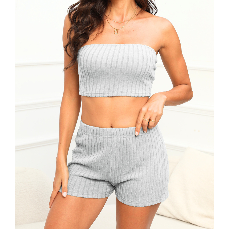 リブ素材3点セットルームウェア｜チューブトップ×ショートパンツ×カーディガン