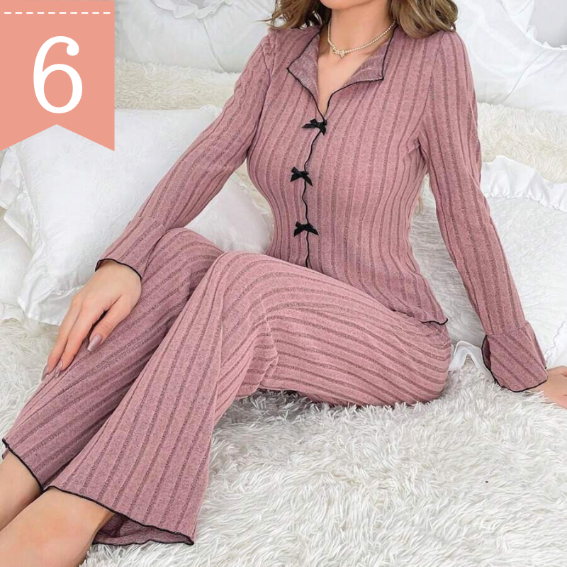 ピンク L 当日発送可【あったか裏起毛で冬でも可愛い】とろふわ裏起毛リブニット風ルームウェア上下セット 長袖トップス×ロングパンツ<アウトレットあり>