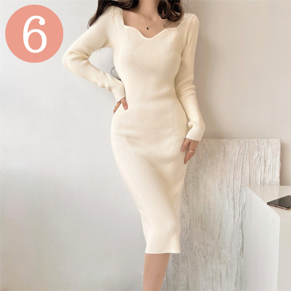 アイボリーS、ブラックSとM 当日発送可【色っぽいモテスタイルに】変形スクエアネックタイトリブニットワンピース