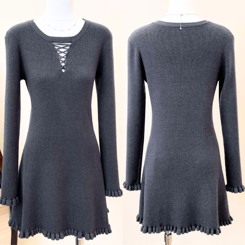 編み上げネックフレアリブニットワンピース