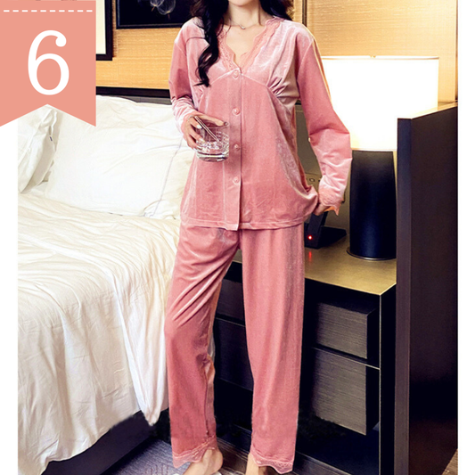 【肌ざわり抜群♡色っぽベロア】レースVネックベロアルームウェア上下セット