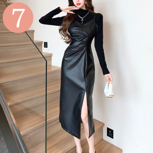 Sサイズ当日発送可【甘辛コーデが即完成！】フェイクレザーキャミワンピース＆タートルネックカットソーセット