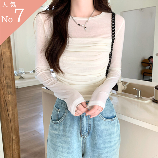 【透け感でいつもの服が色っぽく】シアー×シャーリング レイヤード風長袖トップス