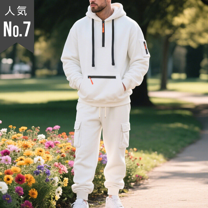 【失敗しない大人の冬服】厚手スウェットセットアップ 裏起毛ハーフジップパーカー×カーゴジョガーパンツ