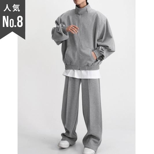 【上品さ漂う大人のためのスウェット】スタンドカラーブルゾン×ワイドパンツ スウェットセットアップ