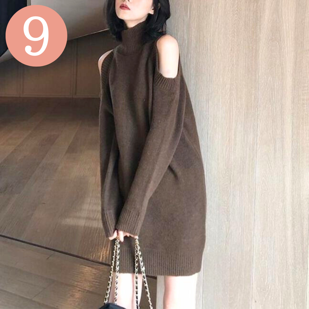 【さりげない肌見せで女っぽさを♡】ショルダーカットアウトタートルミニニットワンピース