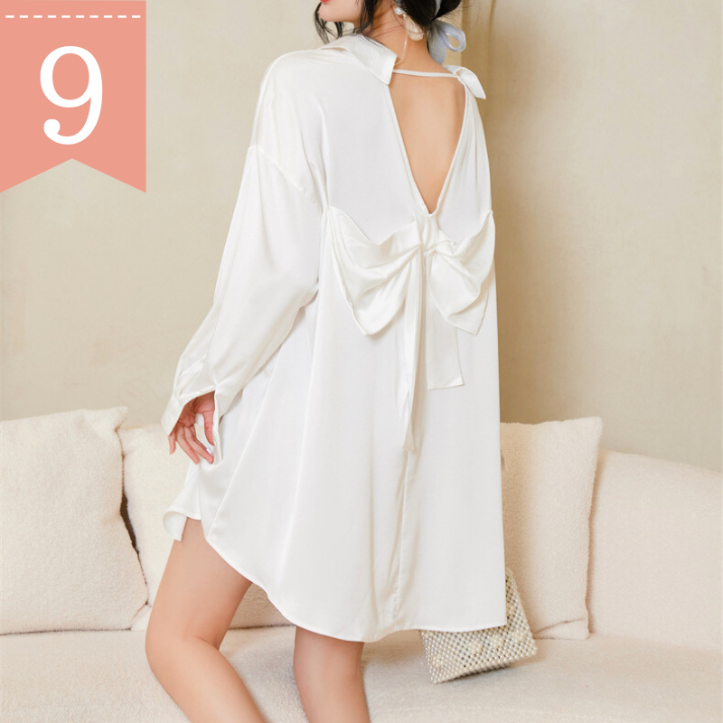 ホワイトM 当日発送可【背中開き＆リボンで後ろ姿もエロかわいい】アイスシルク背中開きバックリボン彼シャツ風ルームウェア