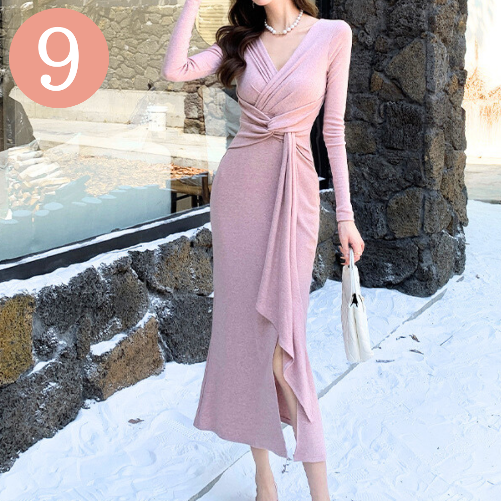 ピンクM、ベージュM 当日発送可【楽ちんにセクシーが叶うと大人気♡】カシュクールVネックドレープマーメイドワンピース