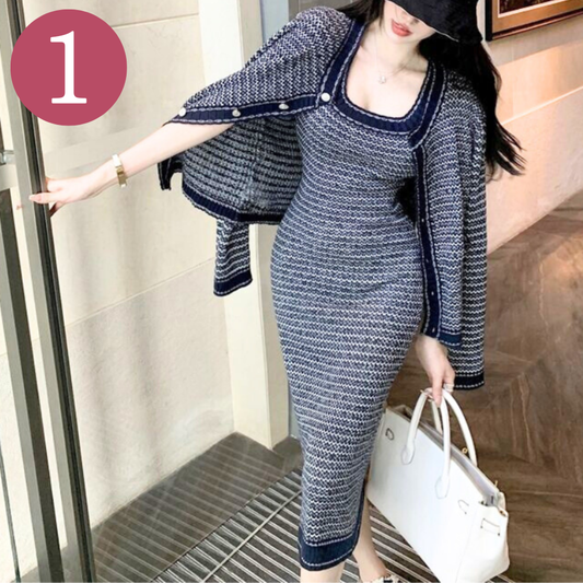 【きちんと見えて、ちゃんと女っぽい】ツイード風ニット カーディガン×ノースリーブワンピ 2点セット