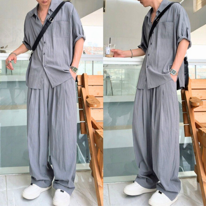 【夏のゆるコーデが1枚で洒落る】リネン風ワイドシルエットセットアップ 半袖シャツ×ロングパンツ