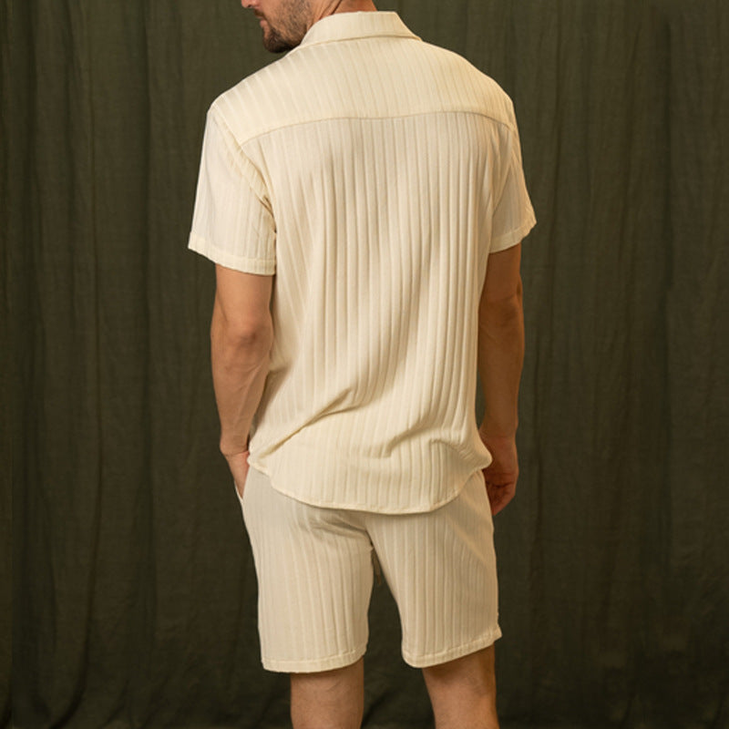 【メンズ】夏のセットアップ: サマーリブニット半袖シャツ×ショートパンツ 上下セットアップ | 20代30代40代におすすめ