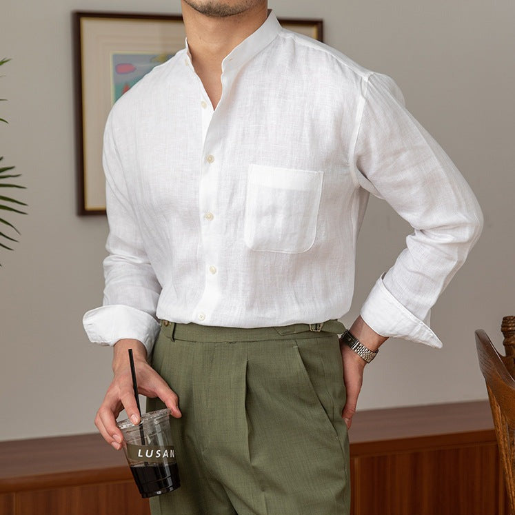 【メンズ】夏のトップス: リネン素材長袖シャツ スタンドカラー | 20代30代40代におすすめ