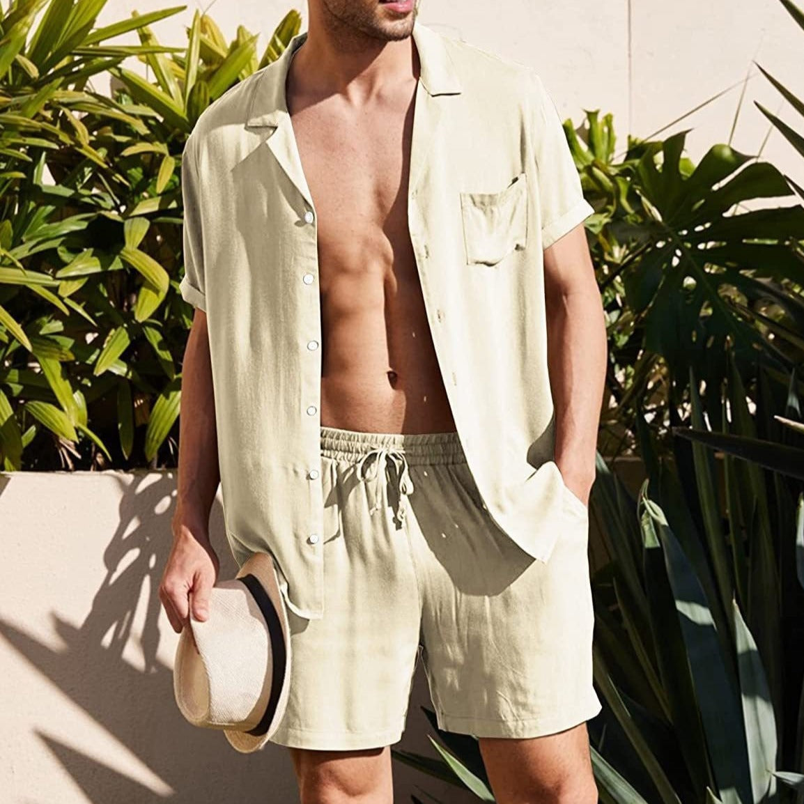 【メンズ】夏のセットアップ: コットンリネン素材上下セットアップ オープンカラー半袖シャツ×ショートパンツ | 20代30代40代におすすめ