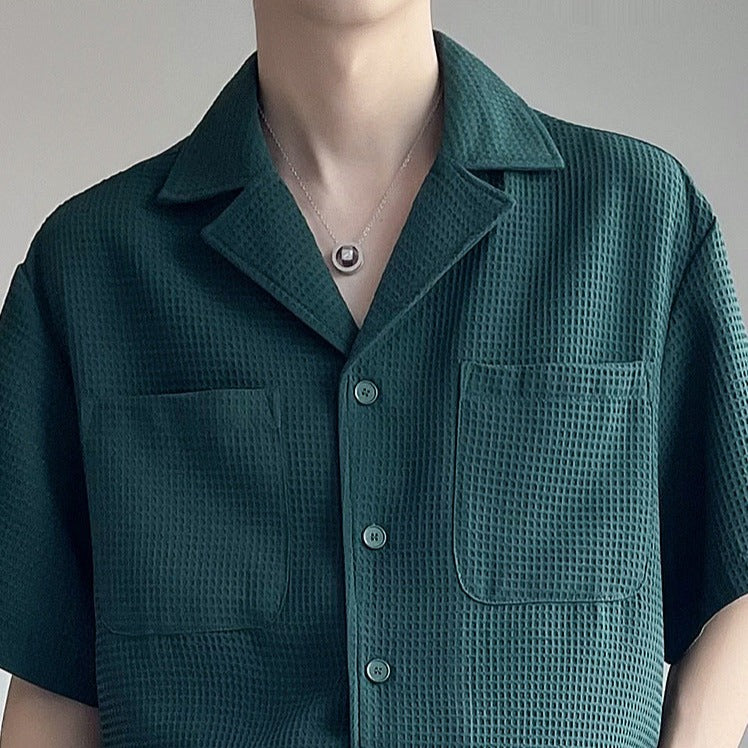 【メンズ】夏のセットアップ: Vネック半袖シャツ×ハーフパンツセットアップ ワッフル生地 | 20代30代40代におすすめ