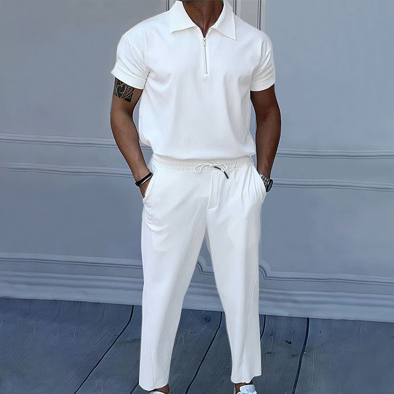 【メンズ】夏のセットアップ: ジャージ上下セットアップ ジッパー半袖ポロシャツ×ジョガーパンツ | 20代30代40代におすすめ
