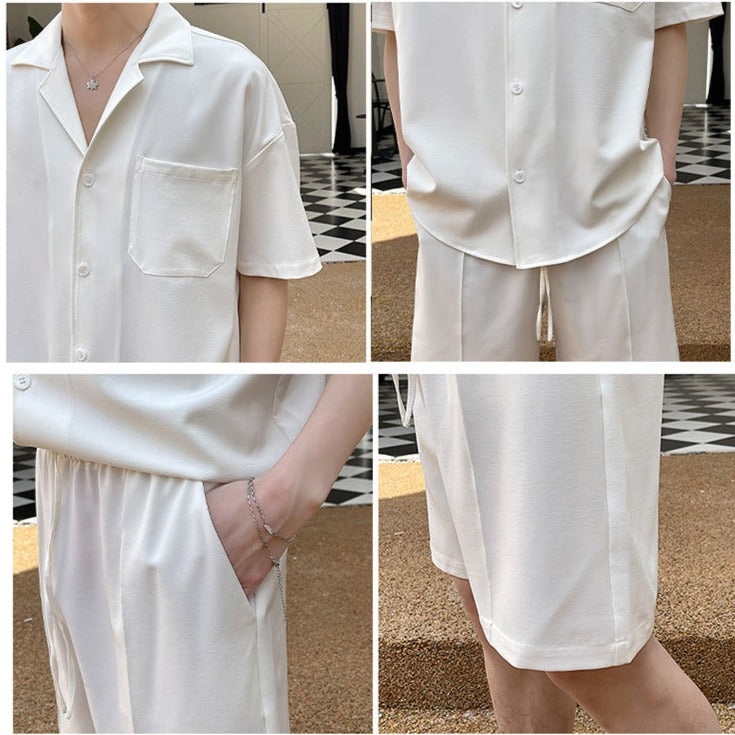 【メンズ】夏のセットアップ: アイスシルク生地セットアップ オープンカラー半袖シャツ×センタープレスハーフパンツ | 20代30代40代におすすめ