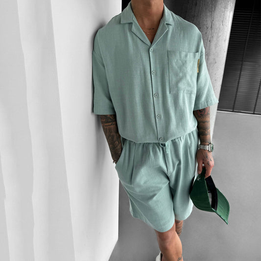 【メンズ】夏のセットアップ: リネン風上下セットアップ ５分袖オープンカラーシャツ×ショートパンツ | 20代30代40代におすすめ